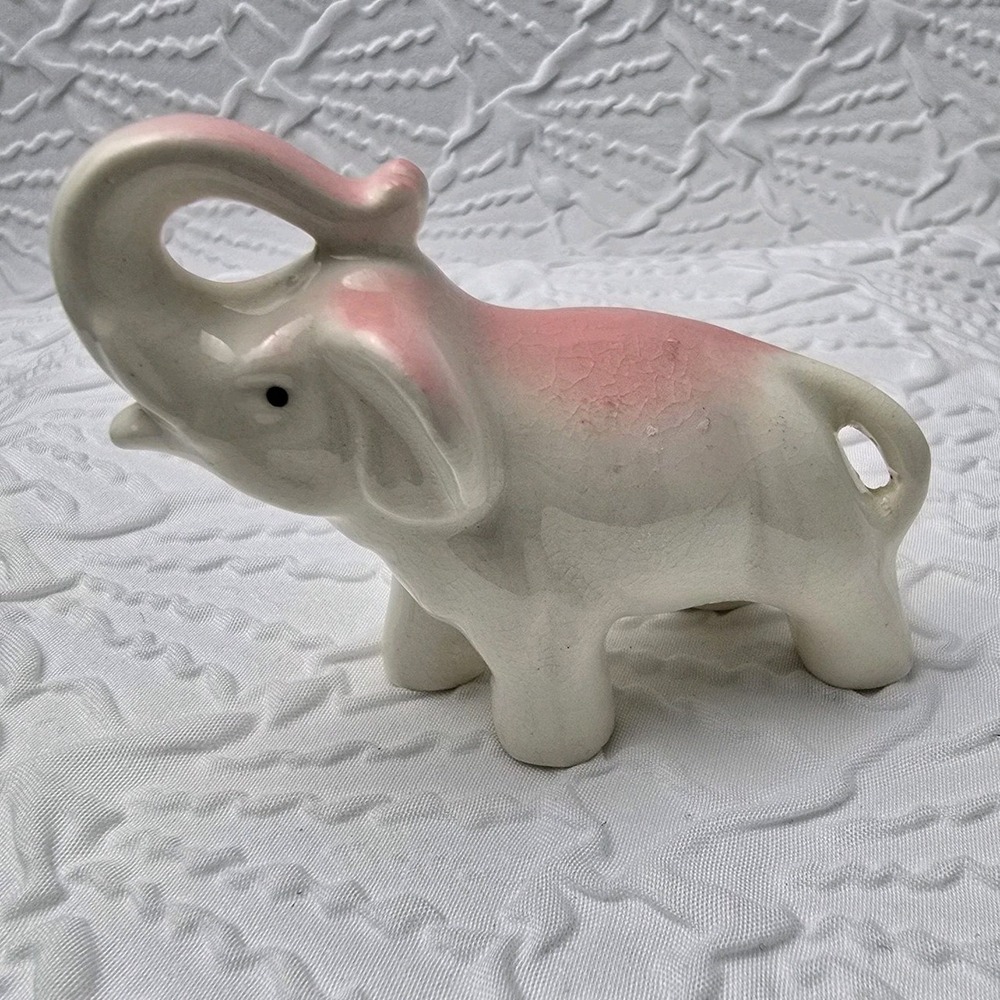 Vintage Pink &‎ White Ceramic Elephant Figurine Animal Africa Lucky